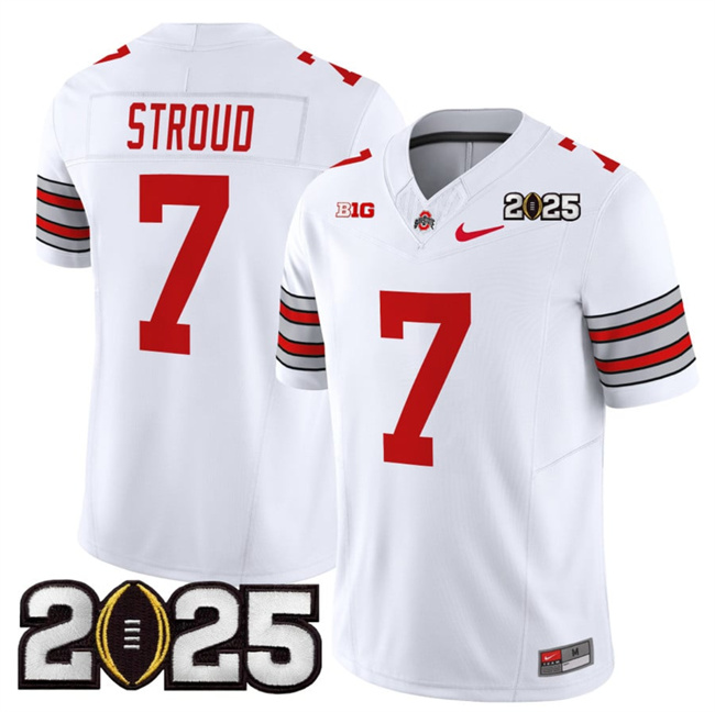 Men Ohio State Buckeyes #7 C.J. Stroud White 2025 CFP Final Patch F.U.S.E. Vapor Limited Stitched NCAA  Jersey